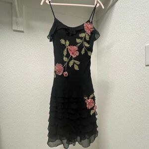 Black tiered dress with floral and bead design, size 4